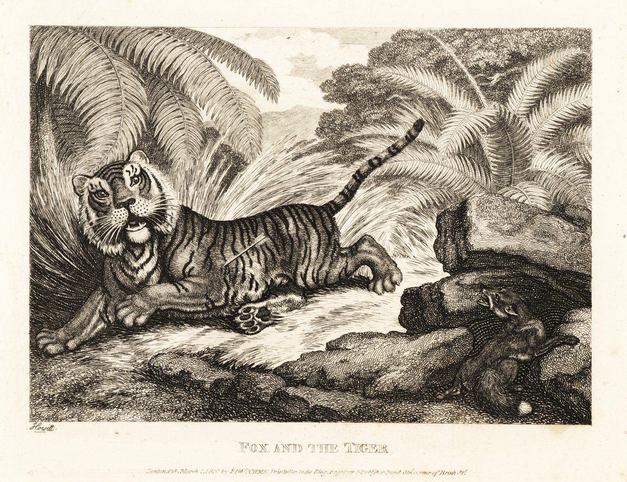 Liška sleduje zraněného tygra. 1811 (lept) od Samuel Howitt