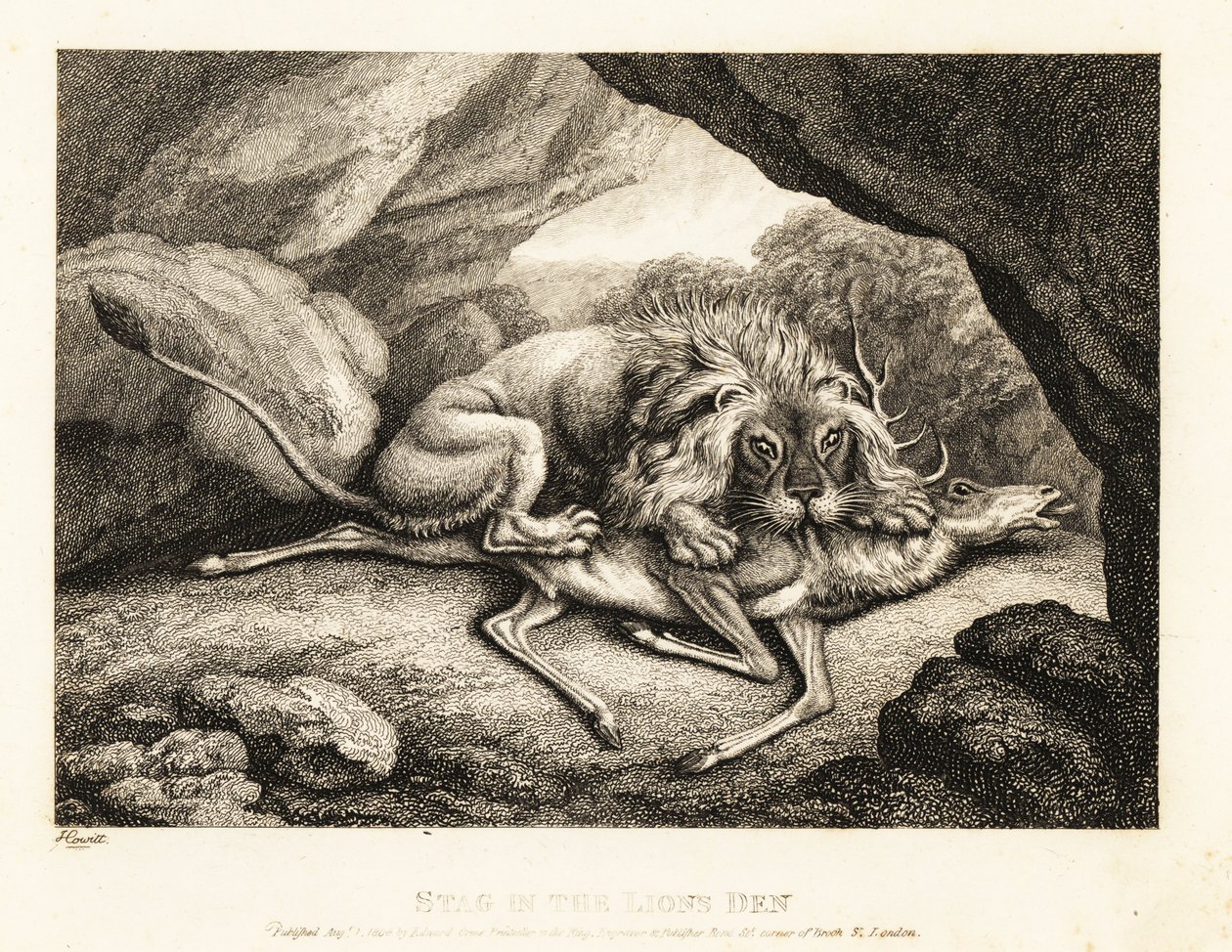Lev pojídá mršinu jelena v jeskyni. 1811 (lept) od Samuel Howitt
