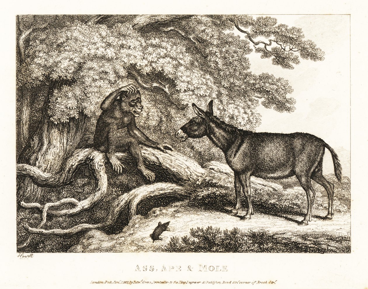 Opice a osel naříkají, dokud je krtek neumlčí. 1811 (lept) od Samuel Howitt