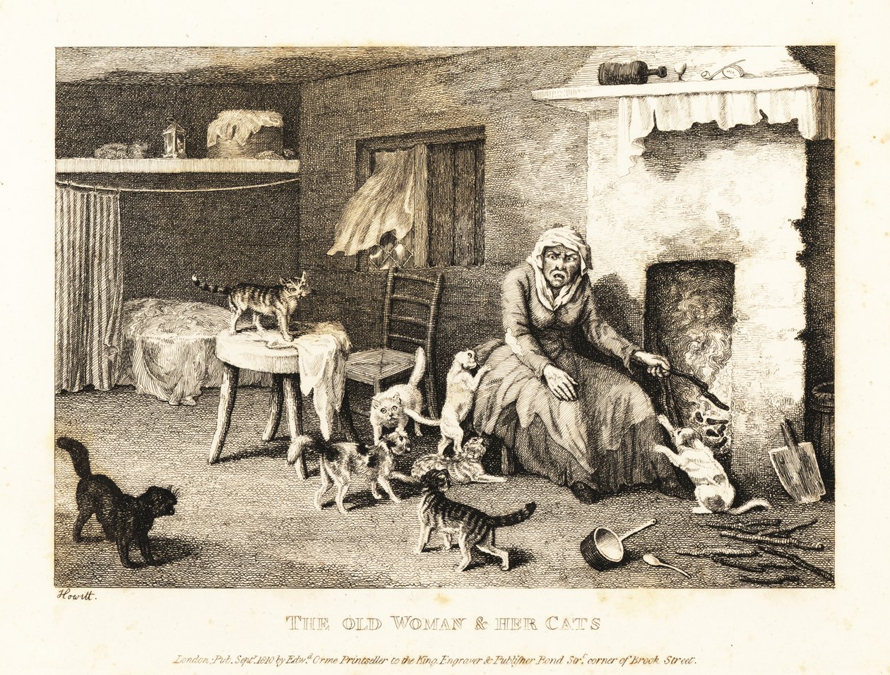 Stará ježibaba sedící u krbu v chatrči obklopená kočkami. 1811 (lept) od Samuel Howitt