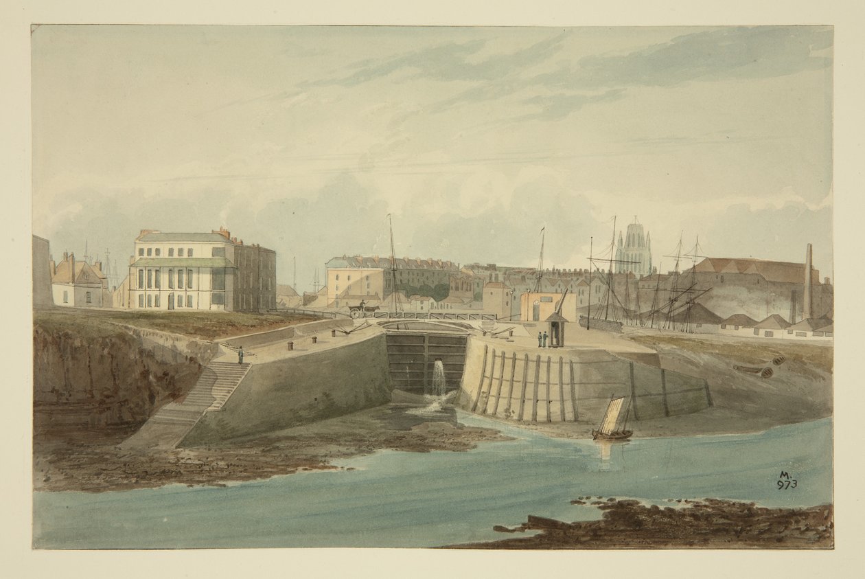 Vchod do Bathurst Basin z New Cut, cca 1825 (pero a inkoust s akvarelem na papíře) od Samuel Jackson