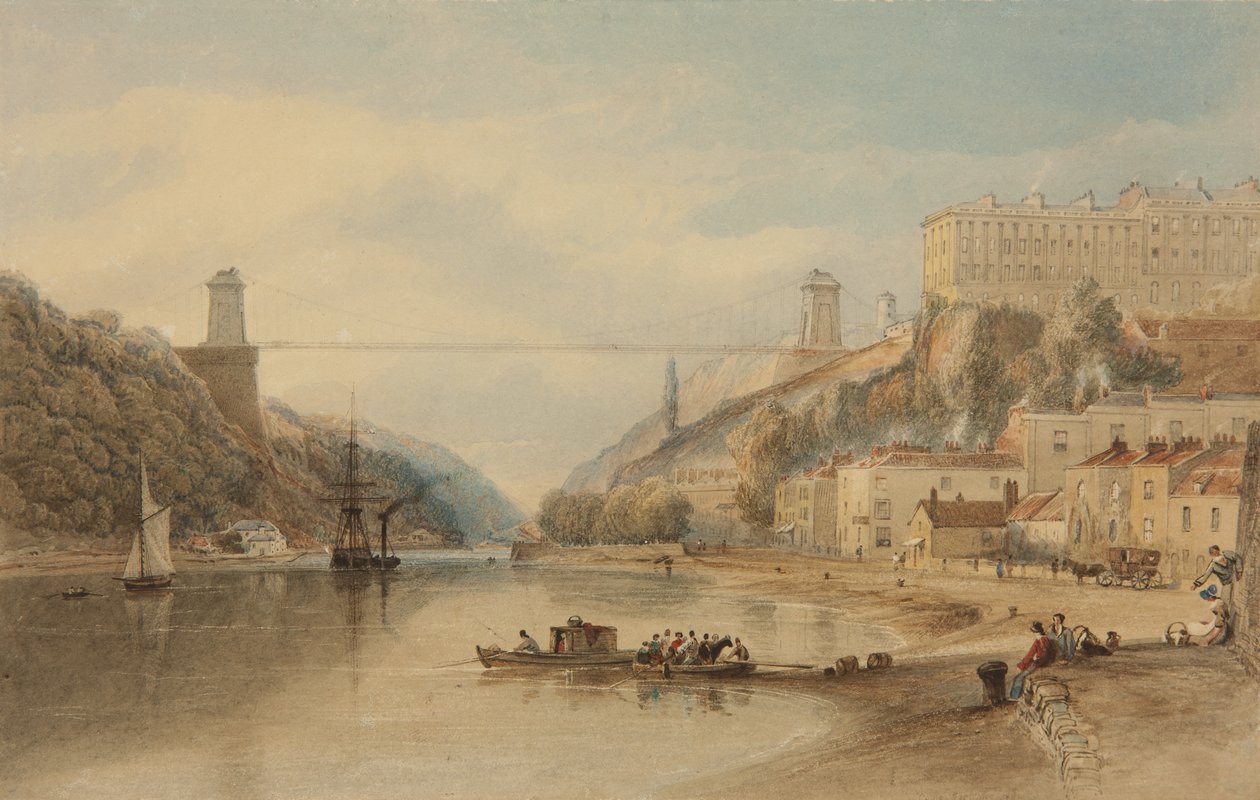 Navrhovaný visutý most z Rownham Ferry, c. 1836 od Samuel Jackson