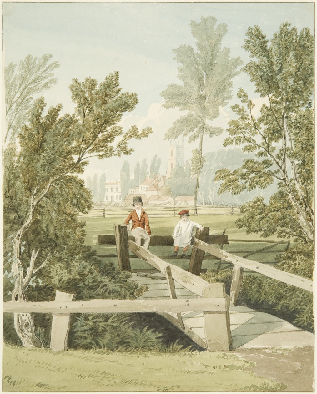 Two Boys on a Stole at Brislington Brook, c.1824 (tužka a akvarel na papíře) od Samuel Jackson