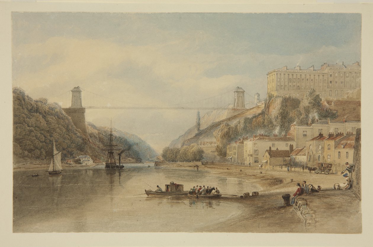 Pohled na Avon v Hotwells: The Proposed Suspension Bridge, c.1836 (tužka a akvarel na papíře) od Samuel Jackson