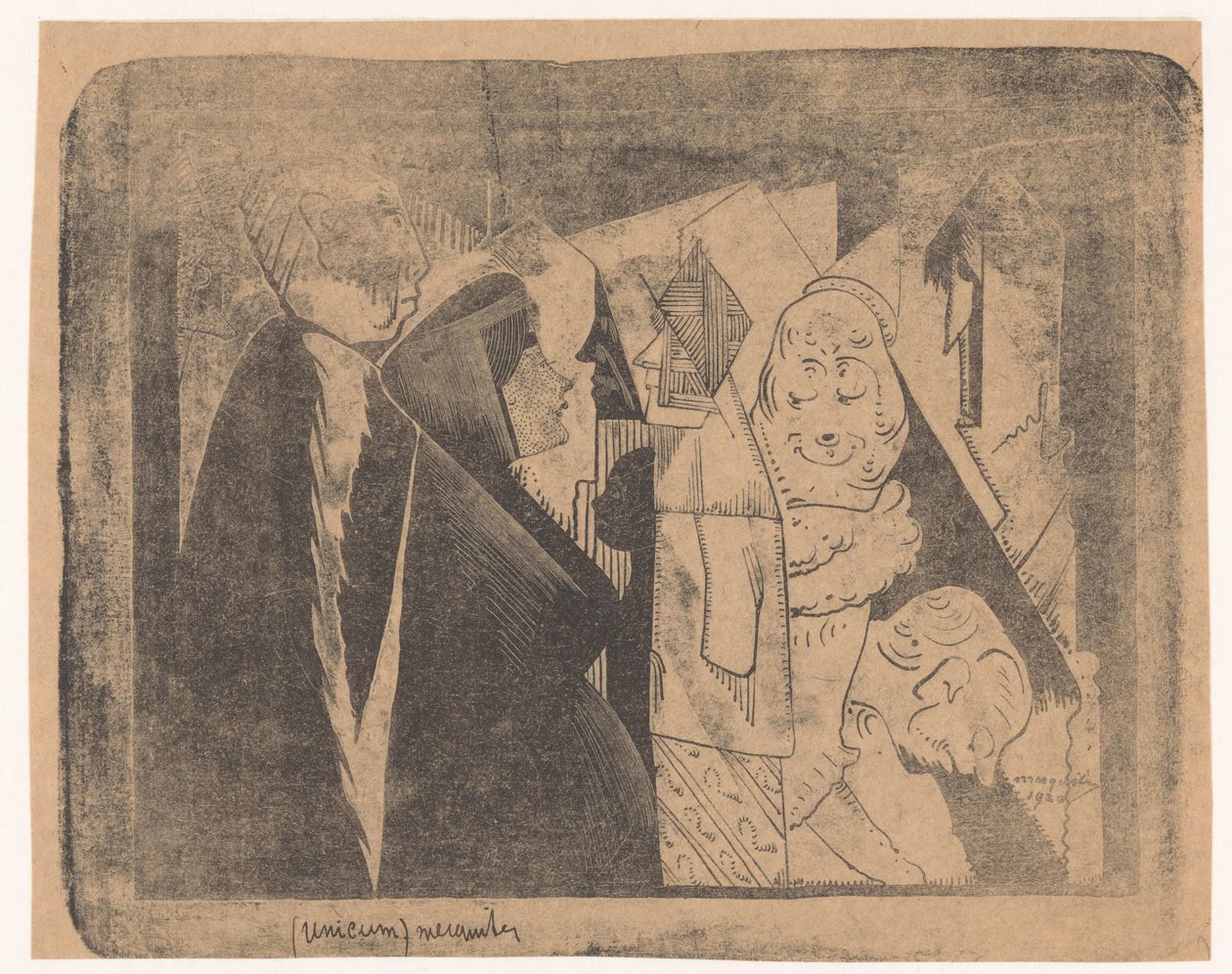 Fantasy: různé postavy, druhá zleva žena se skvrnitým obličejem z profilu vpravo od Samuel Jessurun de Mesquita (signed by artist)