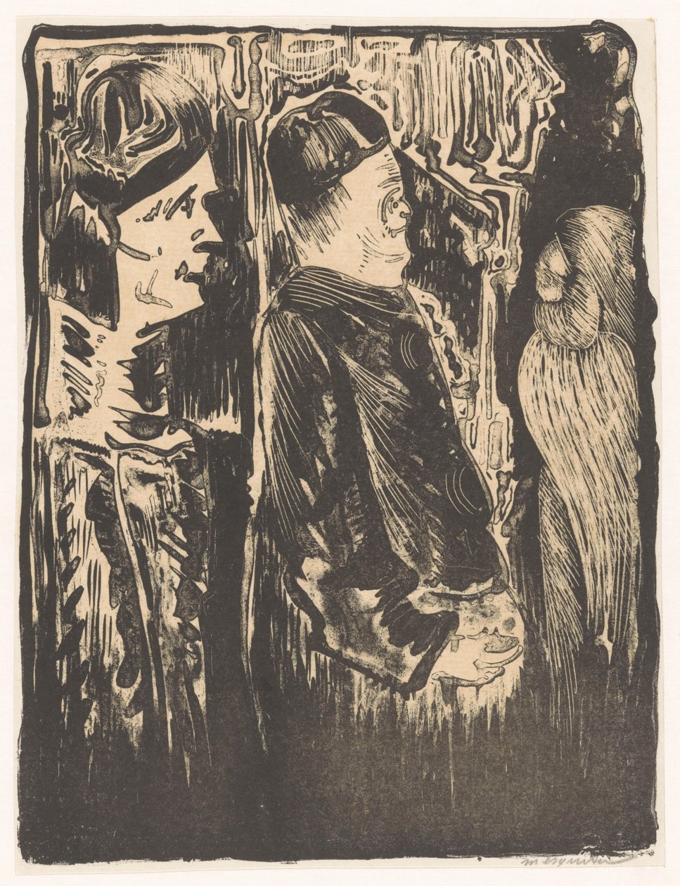 Fantasy: vlevo dvě postavy s klobouky vpravo, vpravo poškrábaný vzhled s peřím od Samuel Jessurun de Mesquita (signed by artist)