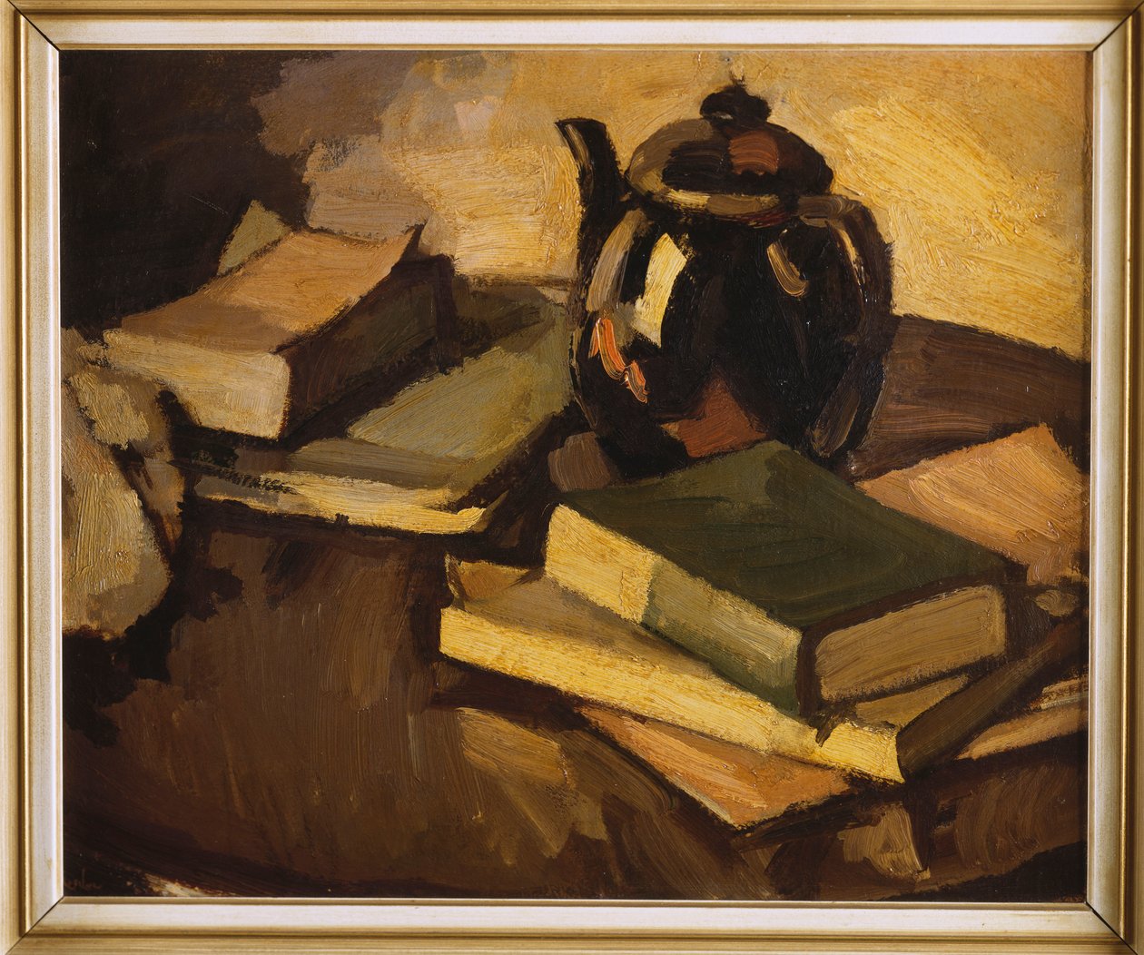 Zátiší s čajovou konvicí a knihami na stole, c.1926 od Samuel John Peploe
