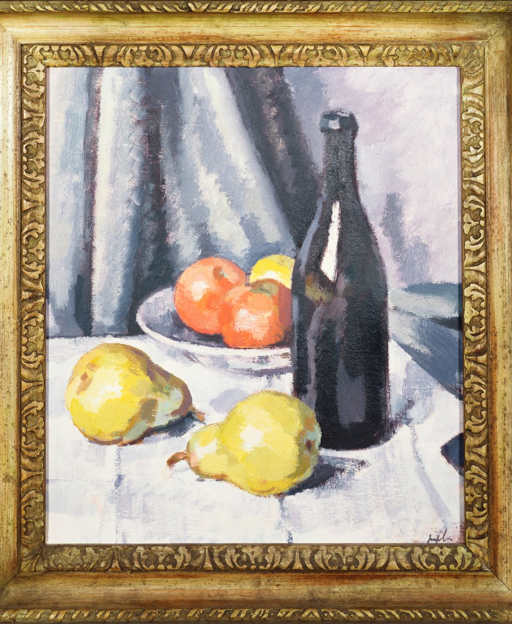 Jablka, hrušky a černá láhev na přehozeném stole, c.1928 od Samuel John Peploe