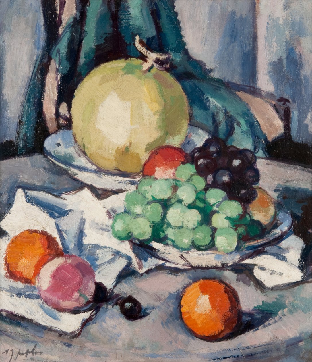 Smíšené ovoce – meloun, hrozny a jablka, cca 1926 (olej na plátně) od Samuel John Peploe