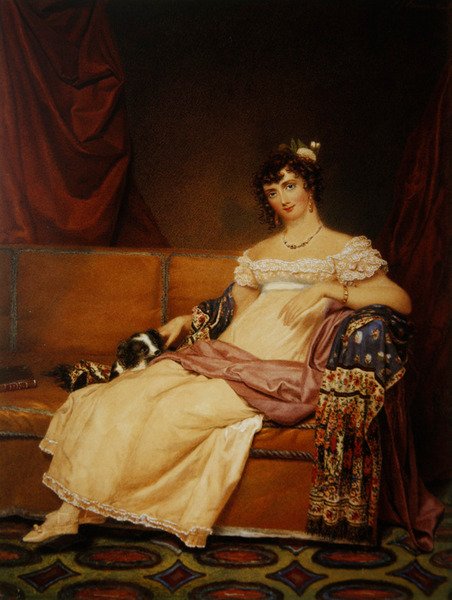 Lady Waterhouse sedí na pohovce se svým španělem (akvarel na papíře) od Samuel John Stump