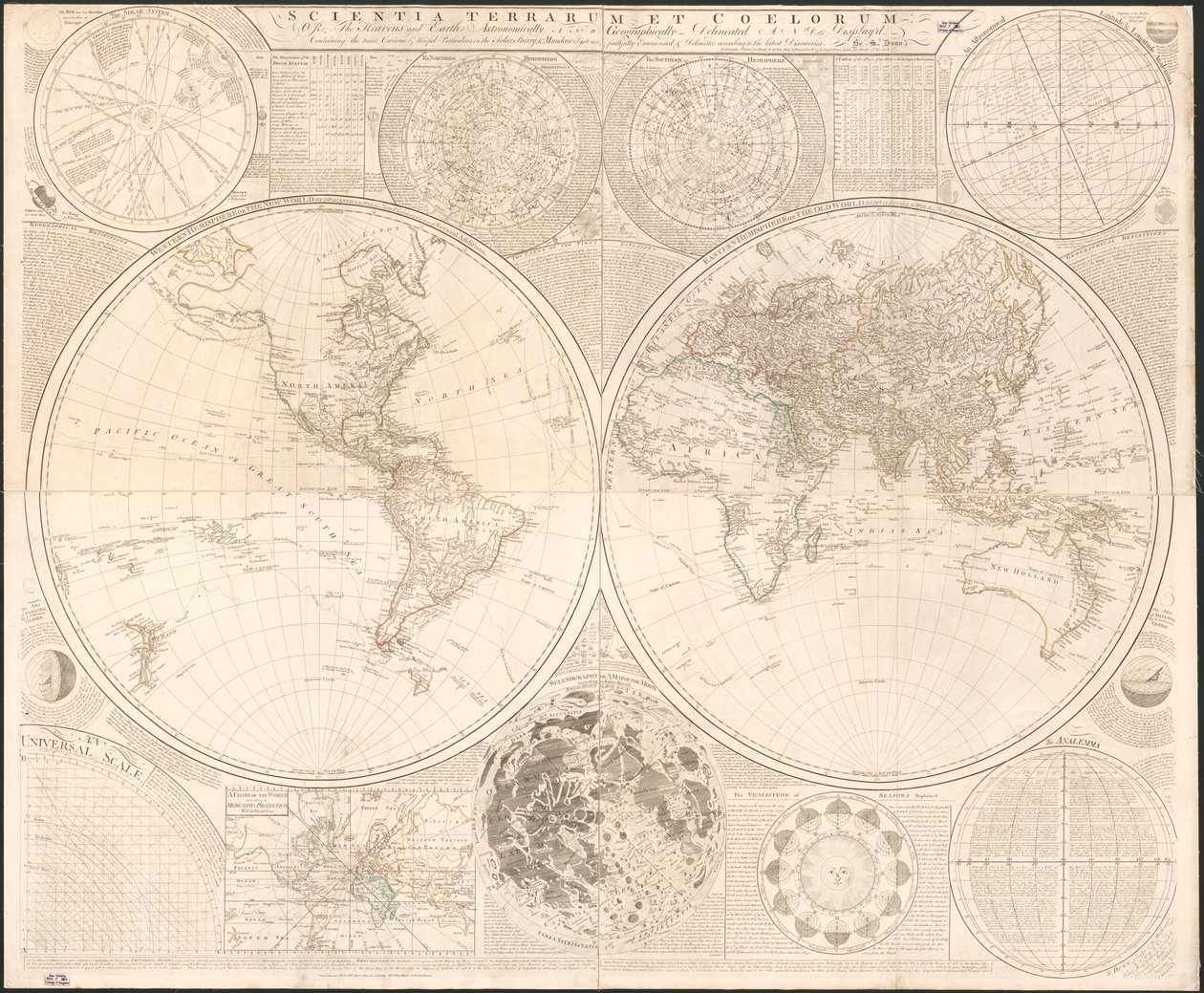 Scientia terrarum et coelorum : aneb nebesa a země astronomicky a geograficky vymezené a zobrazené : obsahující nejkurióznější a nejužitečnější podrobnosti o slunečních hvězdných a světských systémech, věrně vyjmenované a nakreslené podle t od Samuel; Kitchin Dunn