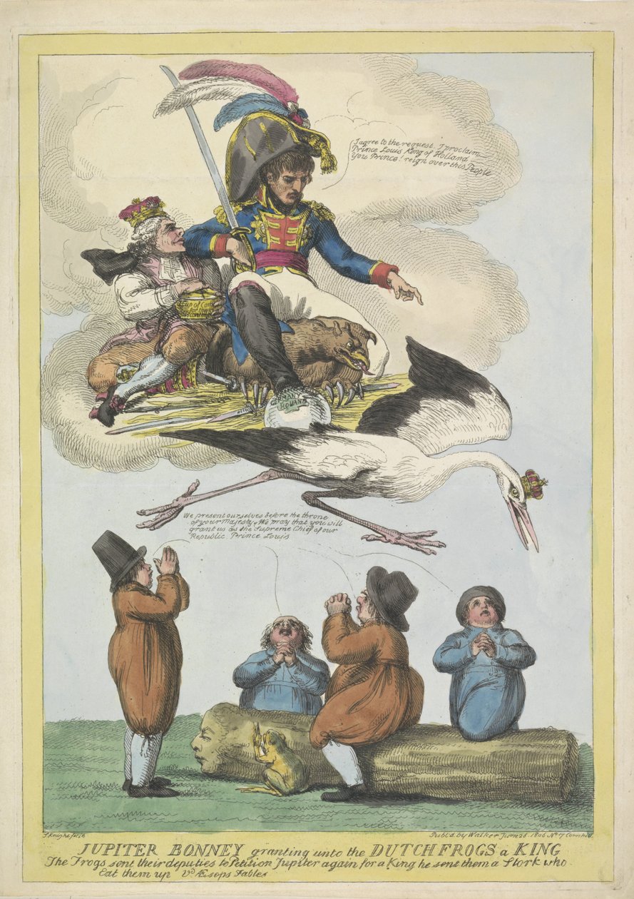 Napoleon posílá Ludvíka Napoleona jako krále v podobě čápa do Holandska, 1806 Jupiter Bonney uděluje holandským žabám krále (titul na předmětu) od Samuel Knight