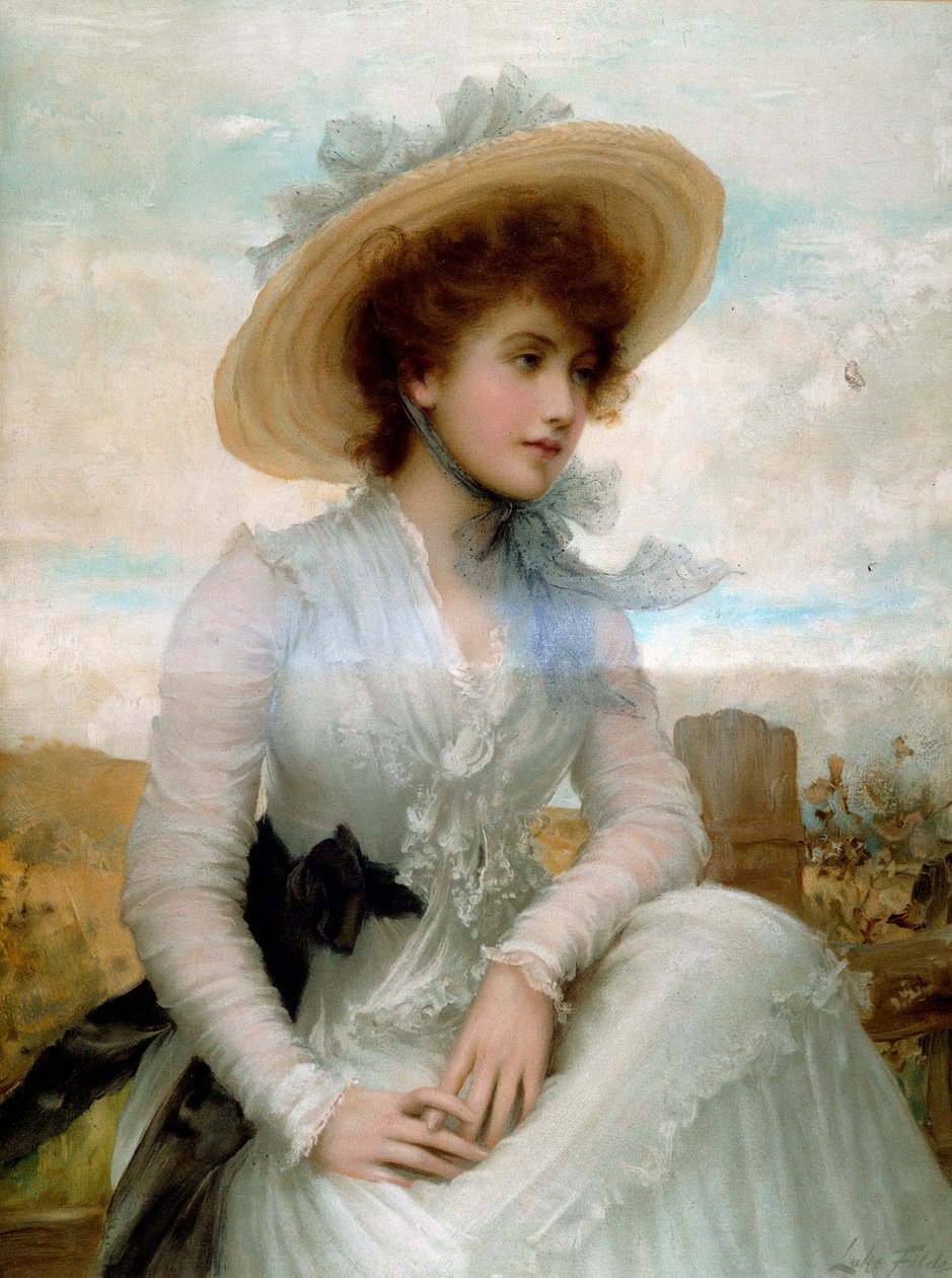 Portrét mladé ženy se slaměným kloboukem Grafika Samuela Luka Fildese (1843-1927) Paříž 19. století, dekorativní umění od Samuel Luke Fildes