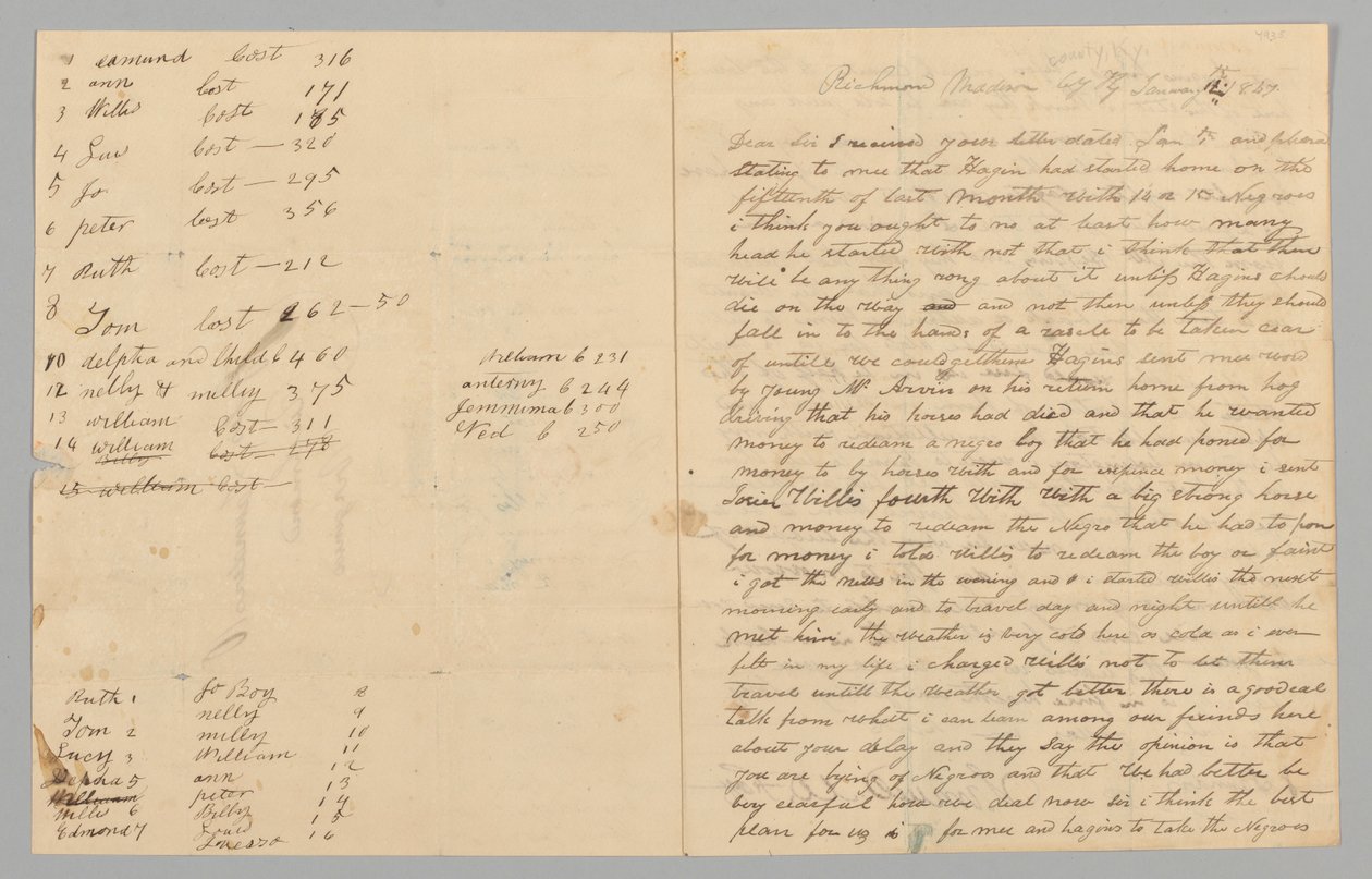 Dopis Gilesi Saundersovi od Samuela Foxe týkající se obchodu s otroky, 14. ledna 1847. od Samuel M. Fox
