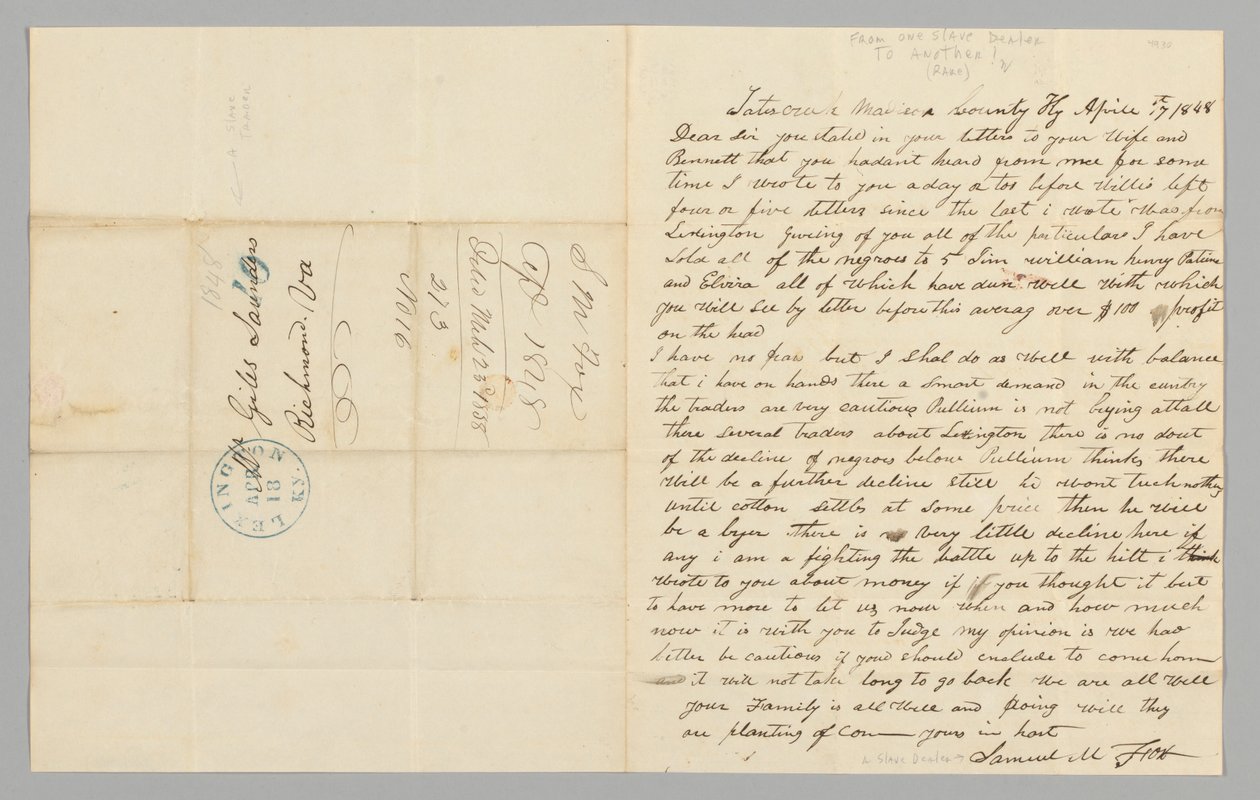 Dopis Gilesi Saundersovi od Samuela M. Foxe týkající se obchodu s otroky, 17. dubna 1848. od Samuel M. Fox
