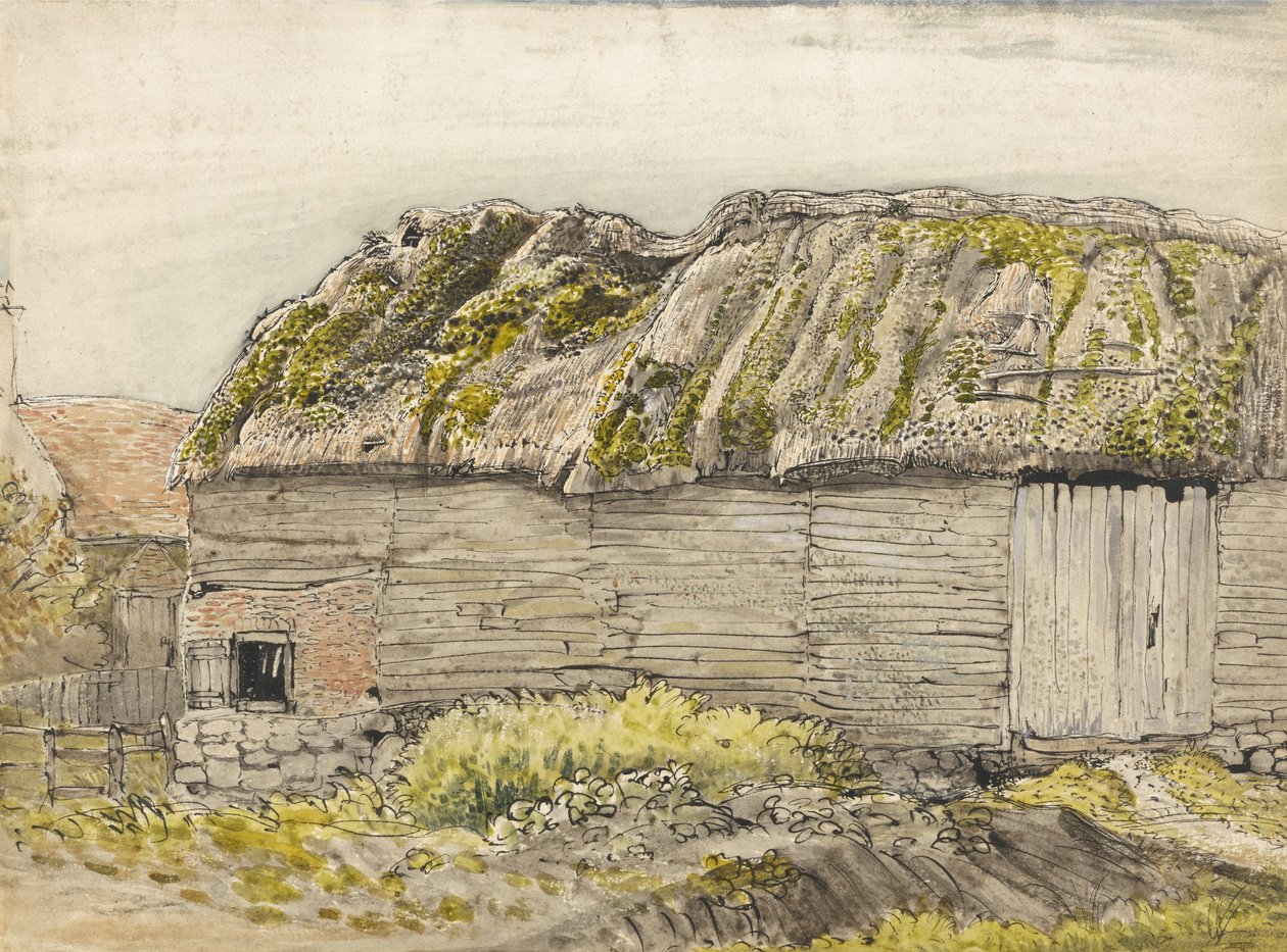 Stodola s mechovou střechou, Shoreham (akvarel s hnědým praním, inkoust, kvaš a tužka na papíře) od Samuel Palmer