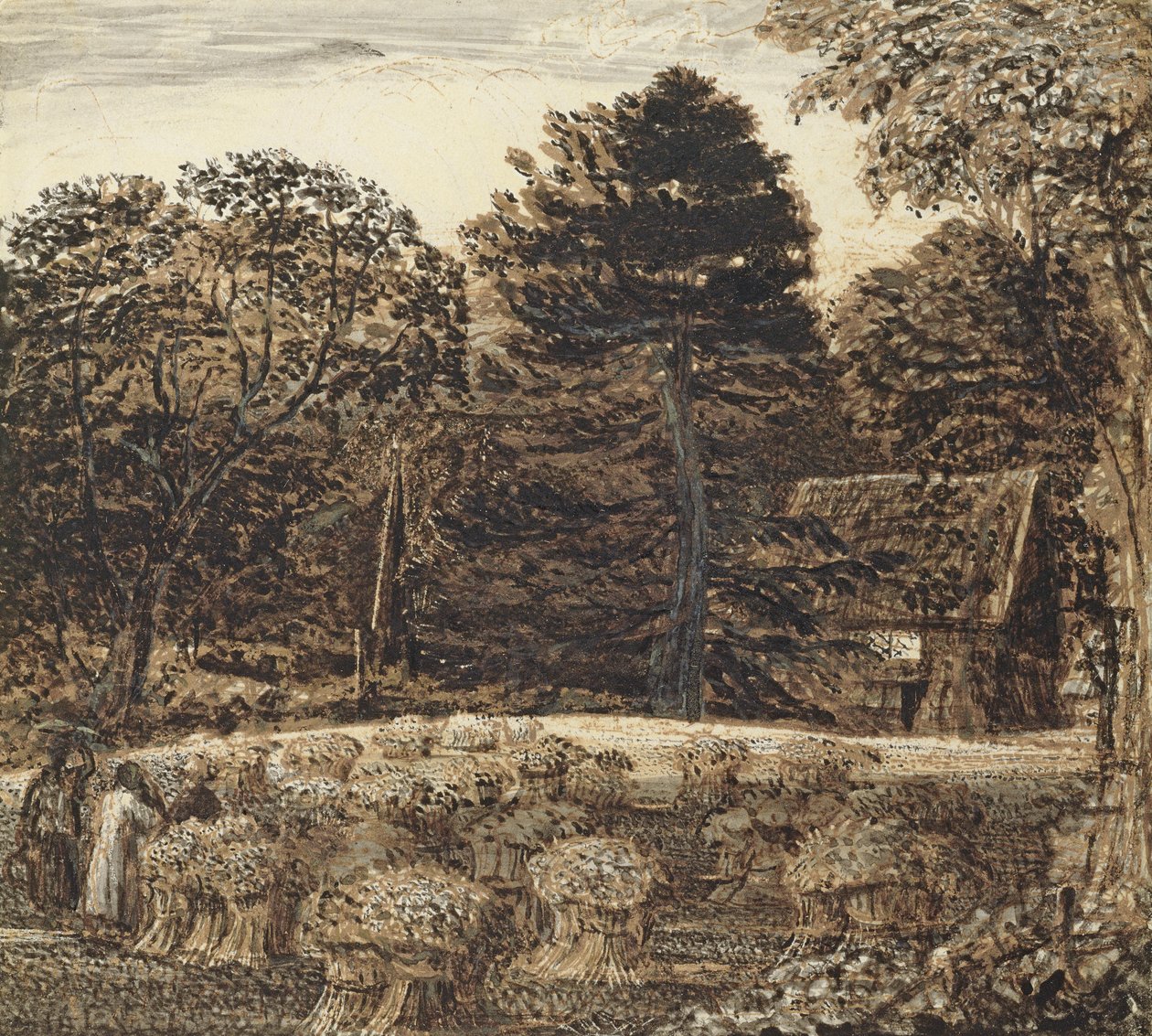 A Cornfield, Shoreham at Twilight (pero a inkoust a mytí na bílé kartě) od Samuel Palmer