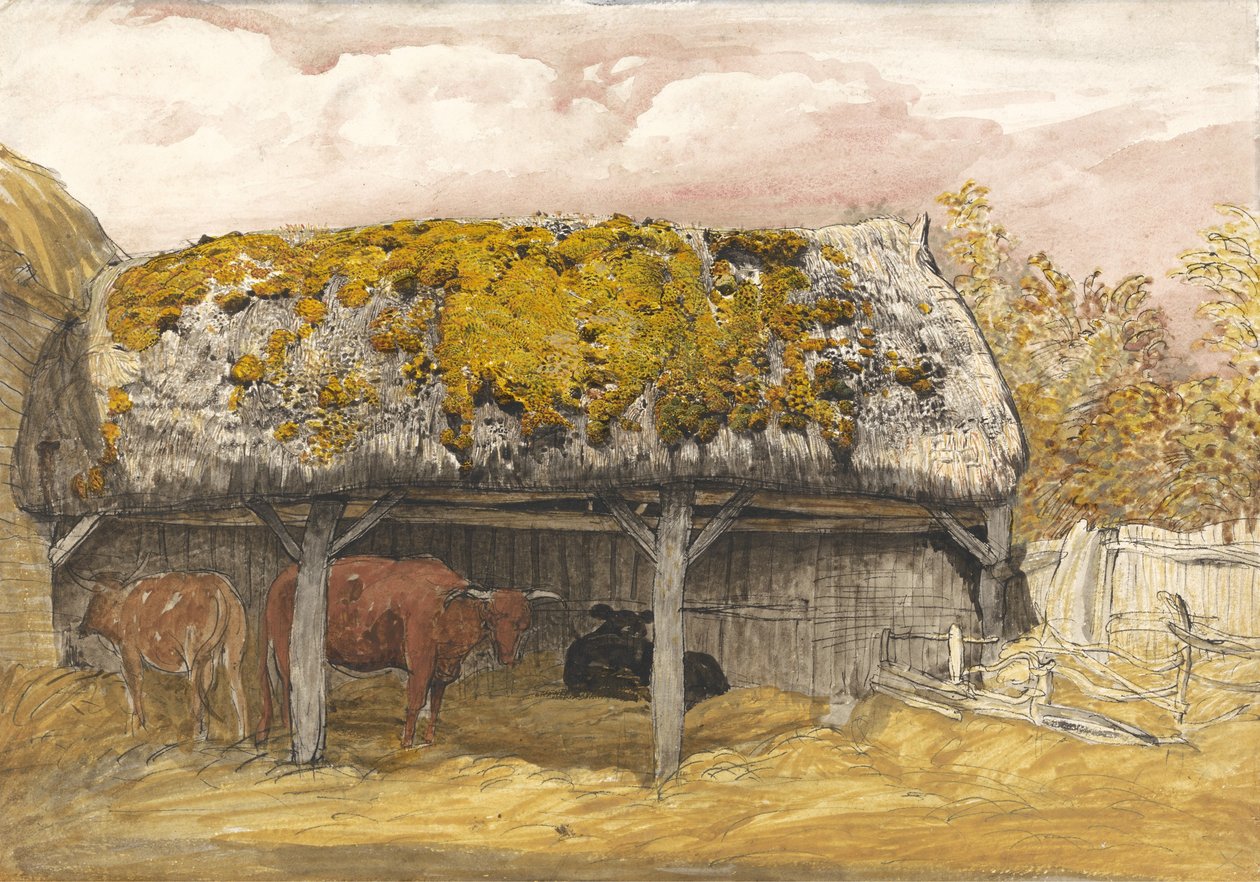 Kravská lóže s mechovou střechou, kolem roku 1829 (pero a inkoust s akvarelem a kvašem na papíře) od Samuel Palmer