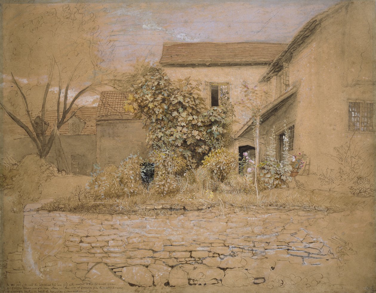 A House and Garden at Tintern, 1835 (pero a inkoust, wc a tělová barva přes grafit a černá křída na narůžovělém lesklém papíře) od Samuel Palmer