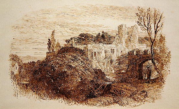 „Mark yon Old Mansion...“ (pero a hnědý inkoust na papíře) od Samuel Palmer