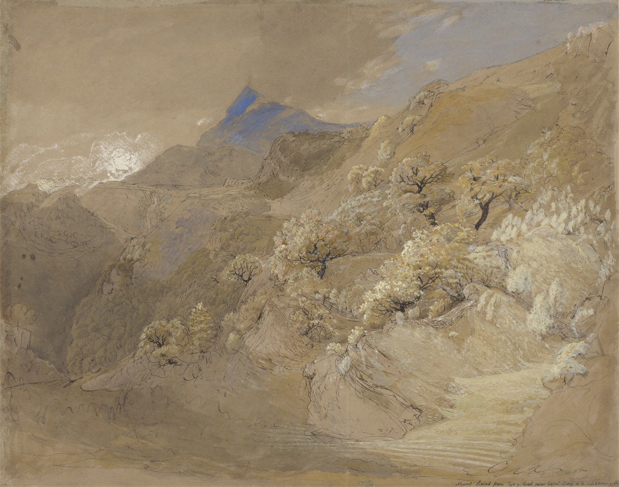 Mount Siabod z Tyn-y-Coed poblíž Capel Curig (pero a inkoust, tělová barva a akvarel na papíře) od Samuel Palmer