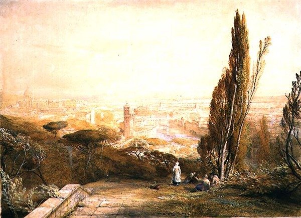 Řím, ze Západních vrchů, kolem roku 1840 (tužka, akvarel a tělová barva na papíře) od Samuel Palmer