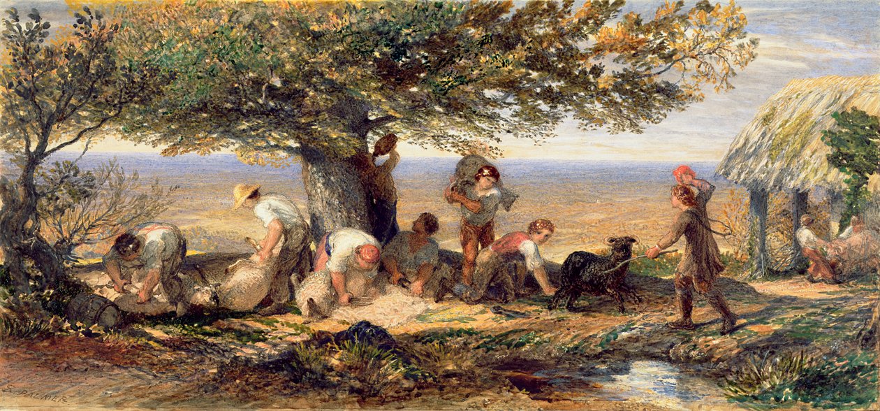 The Sheepshearers, c.1863 (akvarel a tělová barva přes stopy tužky na papíře) od Samuel Palmer