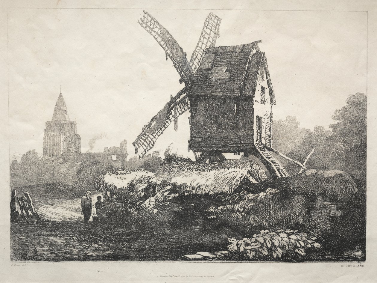 Řada starověkých budov a venkovských domků v severní Anglii: V Crowland, Windmill od Samuel Prout