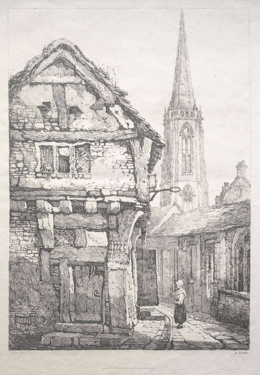 Řada starověkých budov a venkovských domků v severní Anglii: V Yorku, ulice..., 1821. od Samuel Prout