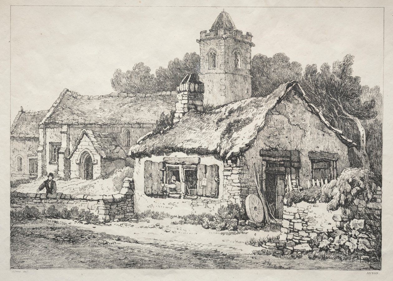 Řada starověkých budov a venkovských domků v severní Anglii: Ayton, 1821. od Samuel Prout