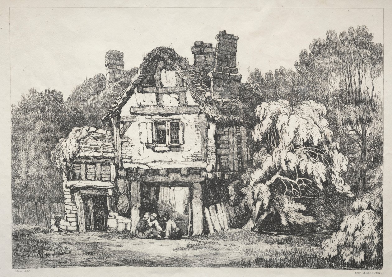 Řada starověkých budov a venkovských domků v severní Anglii: Near Ashbourne, 1821. od Samuel Prout