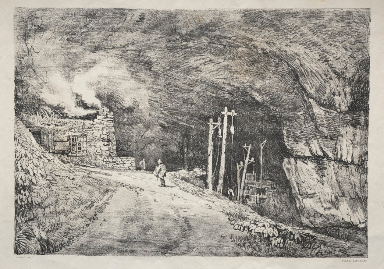 Řada starověkých budov a venkovských domků v severní Anglii: Peak Cavern, 1821. od Samuel Prout