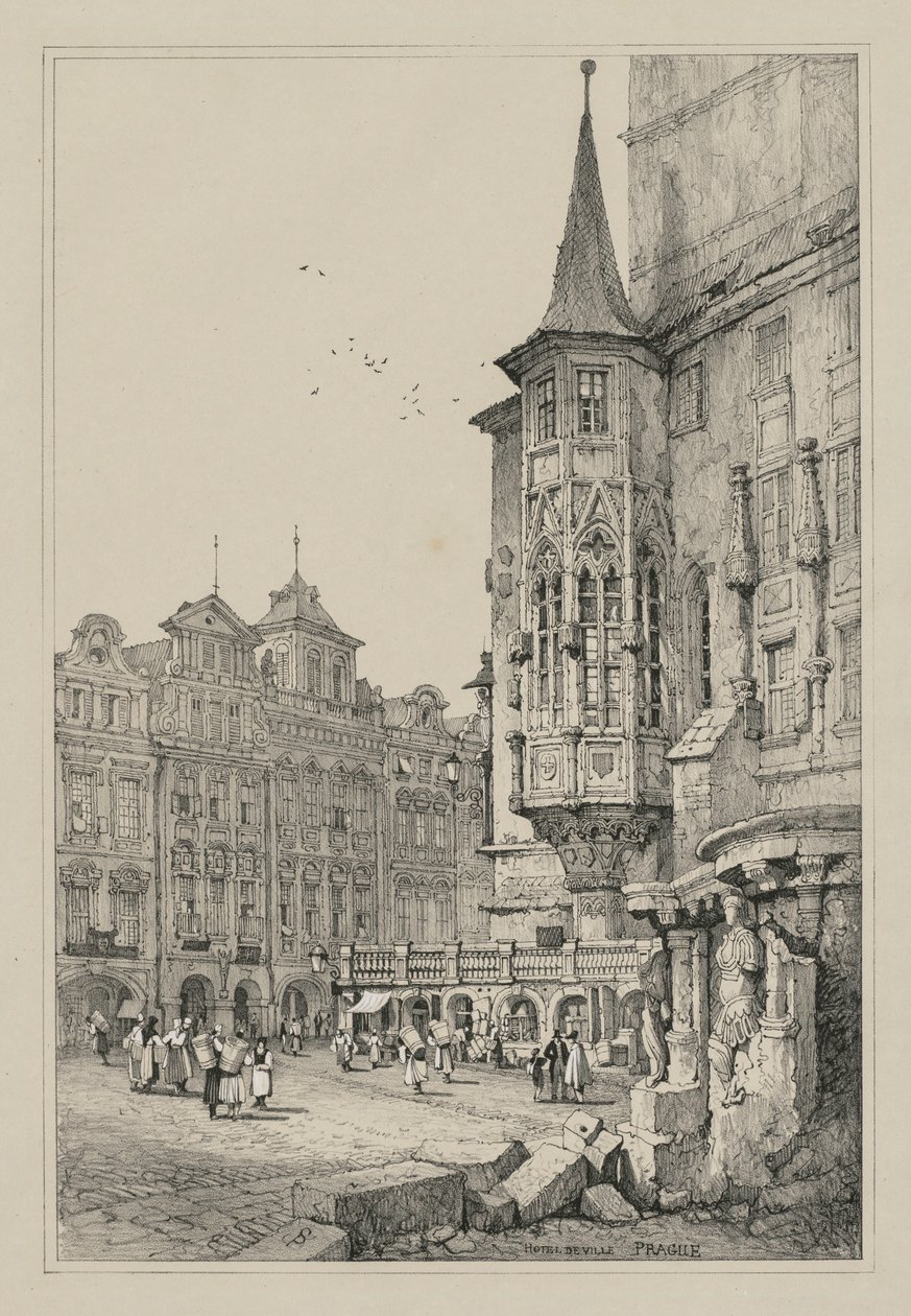 Facisimilie skic vyrobených ve Flandrech a Německu: Hotel de Ville, Praha, 1833. od Samuel Prout