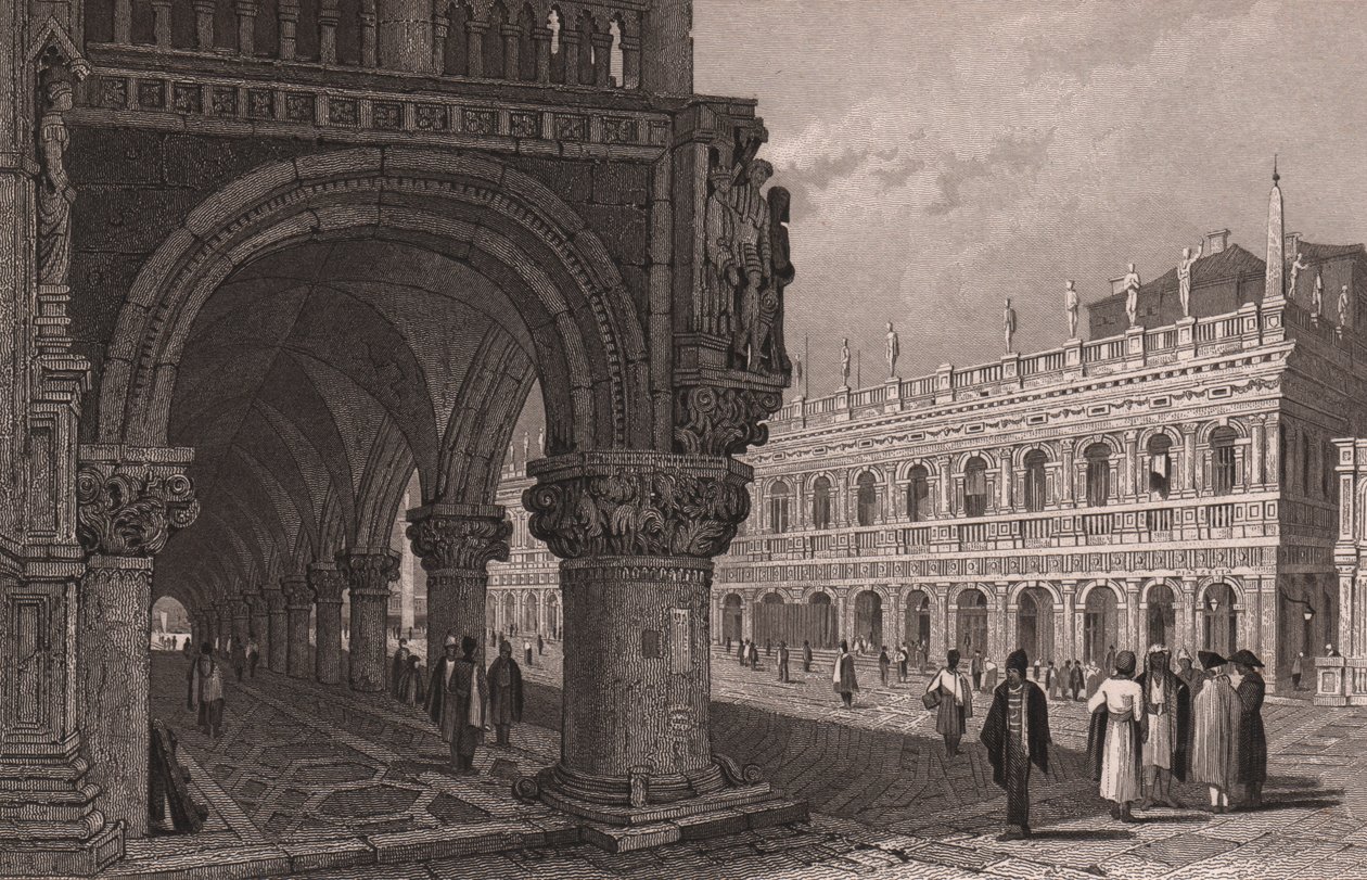 Zkrácení podloubí Dóžecího paláce (Palazzo Ducale) s výhledem na náměstí svatého Marka a palác knihovny, Benátky, Veneto, Itálie, ocelorytina podle kresby Samuela Prouta (1783-1852), cca 15x11,5 cm od Samuel Prout