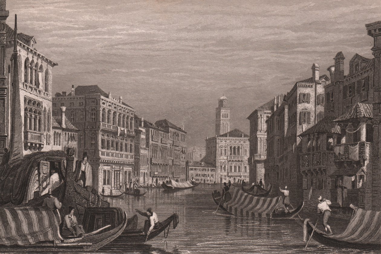 Gondoly na Canal Grande (Canal Grande), Benátky, Veneto, Itálie, ocelorytina podle kresby Samuela Prouta (1783-1852), cca 15x11,5 cm od Samuel Prout