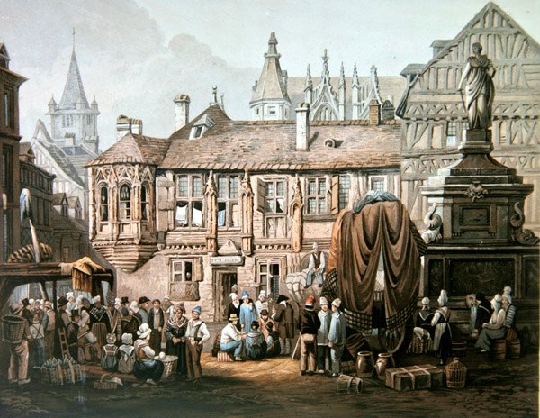Hotel de Bourgtheroulde, Place de la Pucelle, Rouen, kolem roku 1825 (barevná rytina) od Samuel Prout