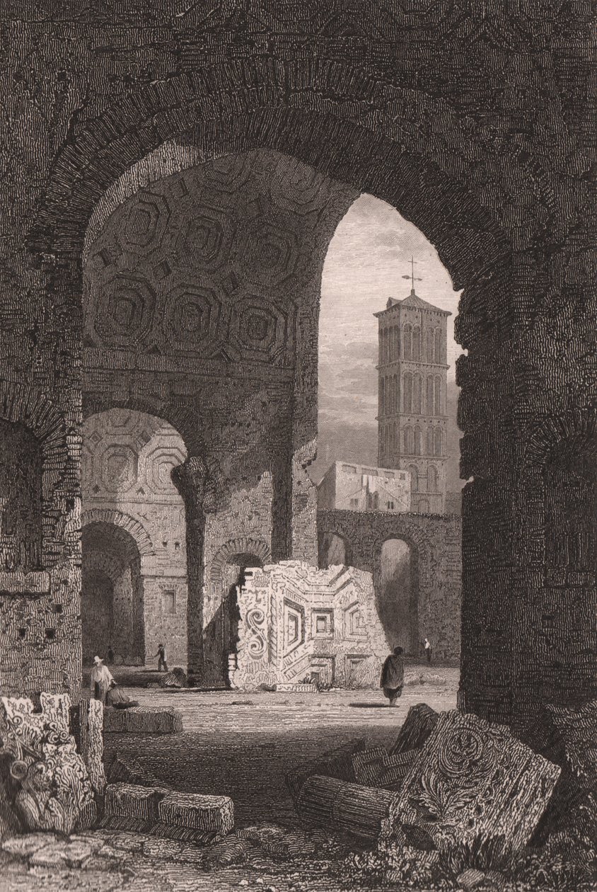 Rauhantemppeli tai Vespasianuksen foorumi, Rooma, Lazio, Italia, teräskaiverrus Samuel Proutin (1783-1852) piirroksesta, n. 15x115 cm od Samuel Prout