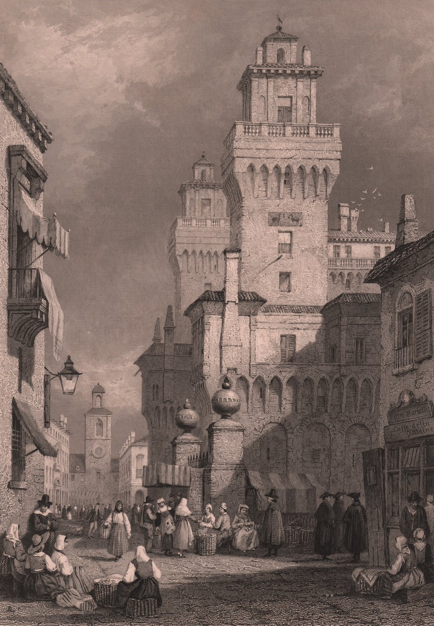 Pohled na Castello Estense, Ferrara, Emilia-Romagna, Itálie, ocelorytina od Johna Godfreye (asi 1817-1889) podle kresby Samuela Prouta (1783-1852), asi 26x17 cm, vydáno Blackie and Son od Samuel Prout