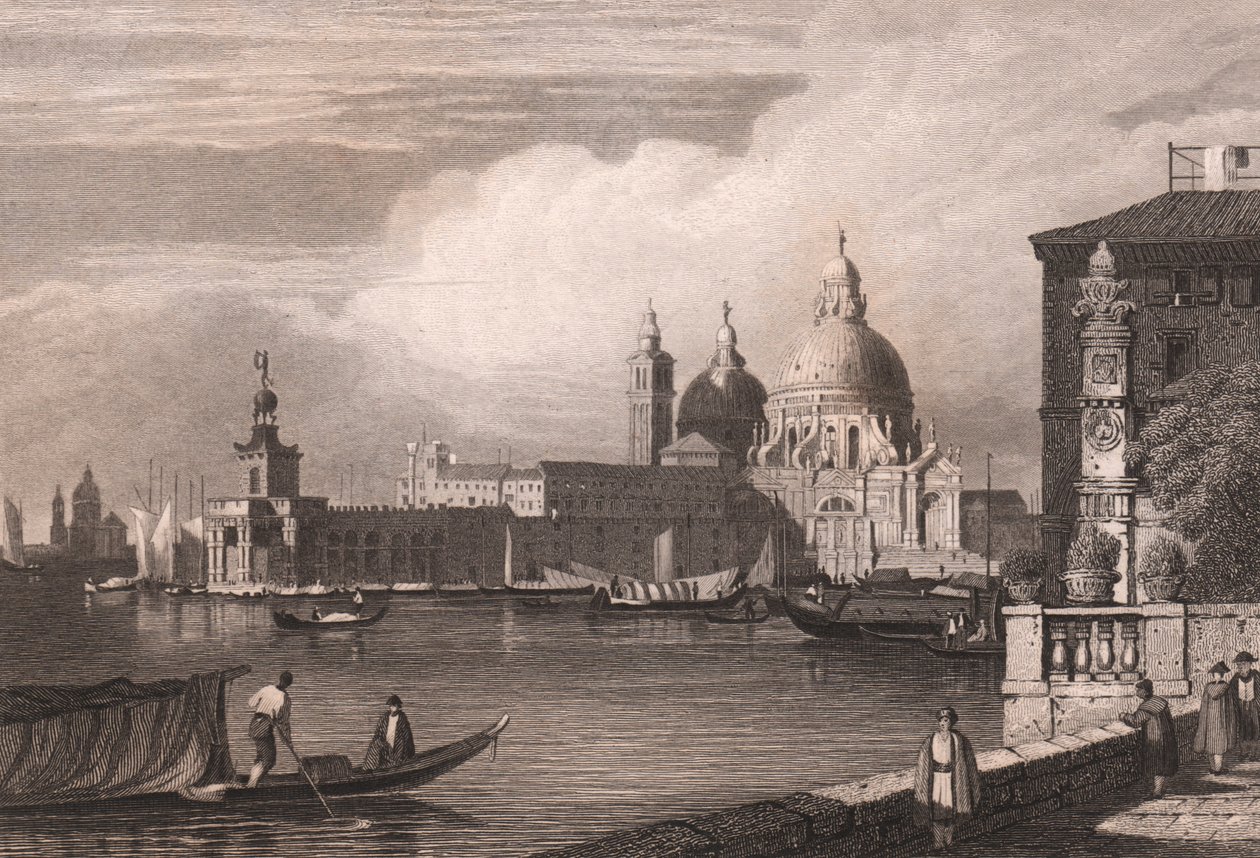 Pohled na Canal Grande (Canal Grande) s Punta della Dogana a bazilikou di Santa Maria della Salute v pozadí, Benátky, Veneto, Itálie, ocelorytina podle kresby Samuela Prouta (1783-1852), přibližně 15x11,5 cm od Samuel Prout