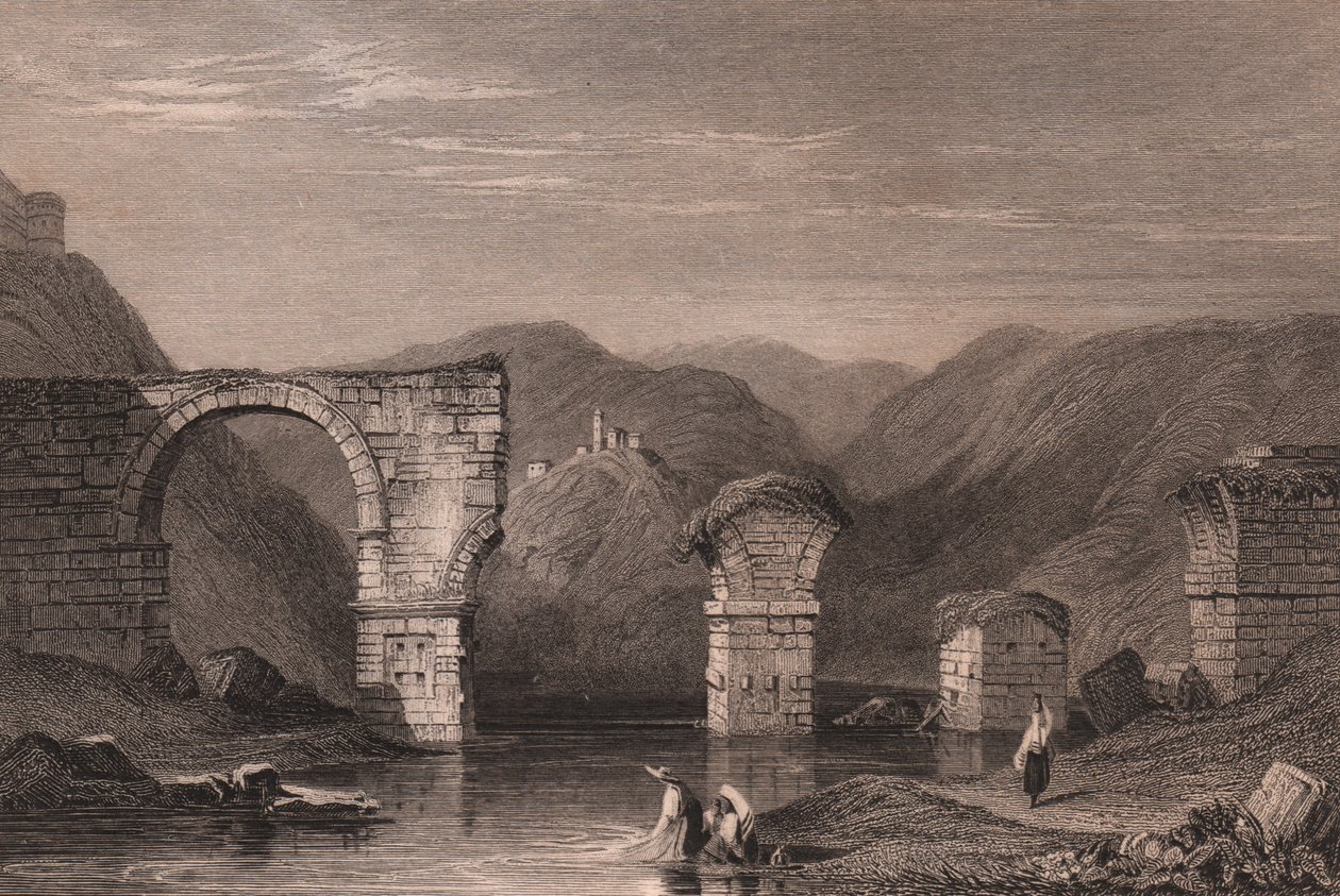 Pohled na římské ruiny Augustova mostu (Ponte di Augusto) přes řeku Nera, Narni, Umbrie, Itálie, ocelorytina podle kresby Samuela Prouta (1783-1852), cca 15x11,5 cm od Samuel Prout