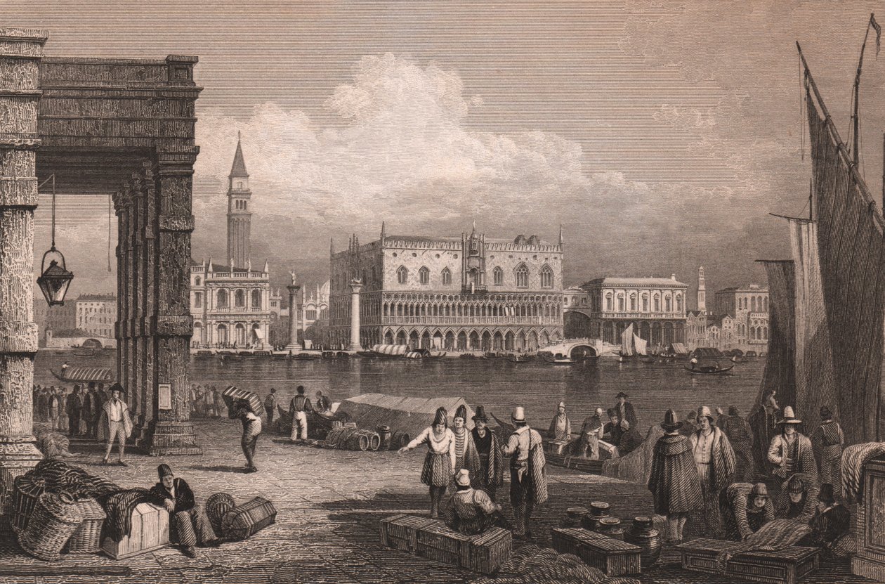 Pohled na pánev svatého Marka v Benátkách, Veneto, Itálie, ocelorytina podle kresby Samuela Prouta (1783-1852), cca 15x11,5 cm od Samuel Prout