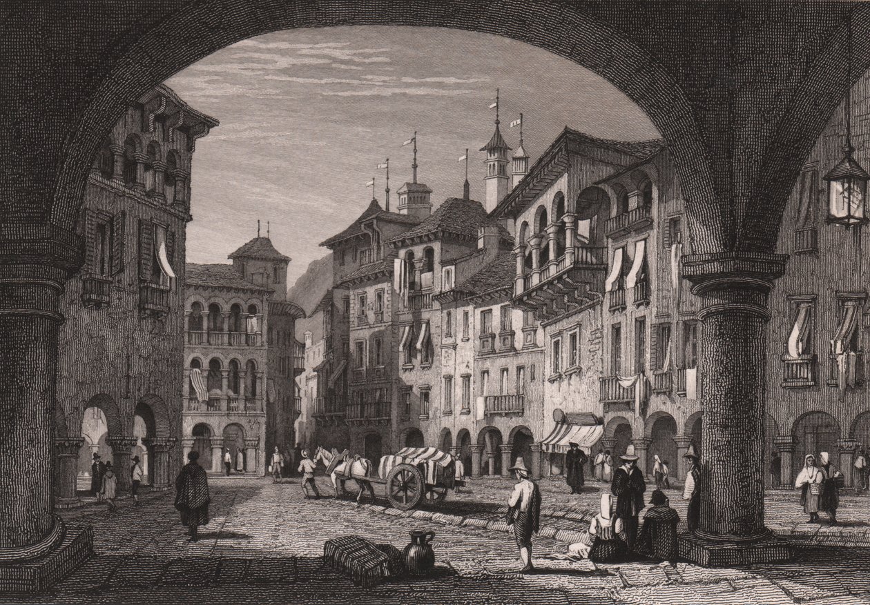Näkymä torille Domodossolassa, Piemontessa, Italiassa, teräskaiverrus Samuel Proutin (1783-1852) piirroksesta, n. 16x11 cm od Samuel Prout