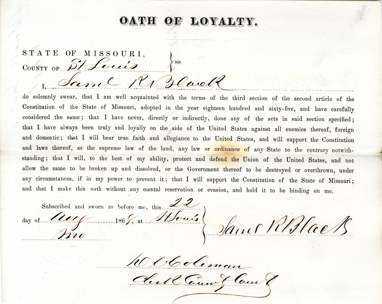 Věrnostní přísaha Samuela R. Blacka z Missouri v hrabství St. Louis od Samuel R. Black
