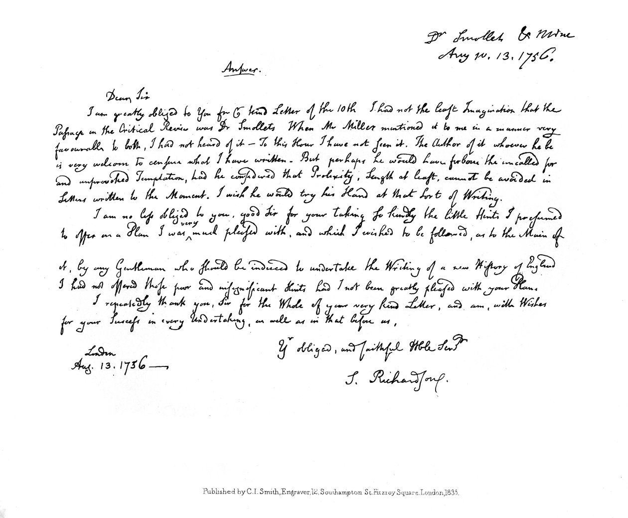 Dopis od Samuela Richardsona doktoru Smollettovi, 1756, 1840 od Samuel Richardson