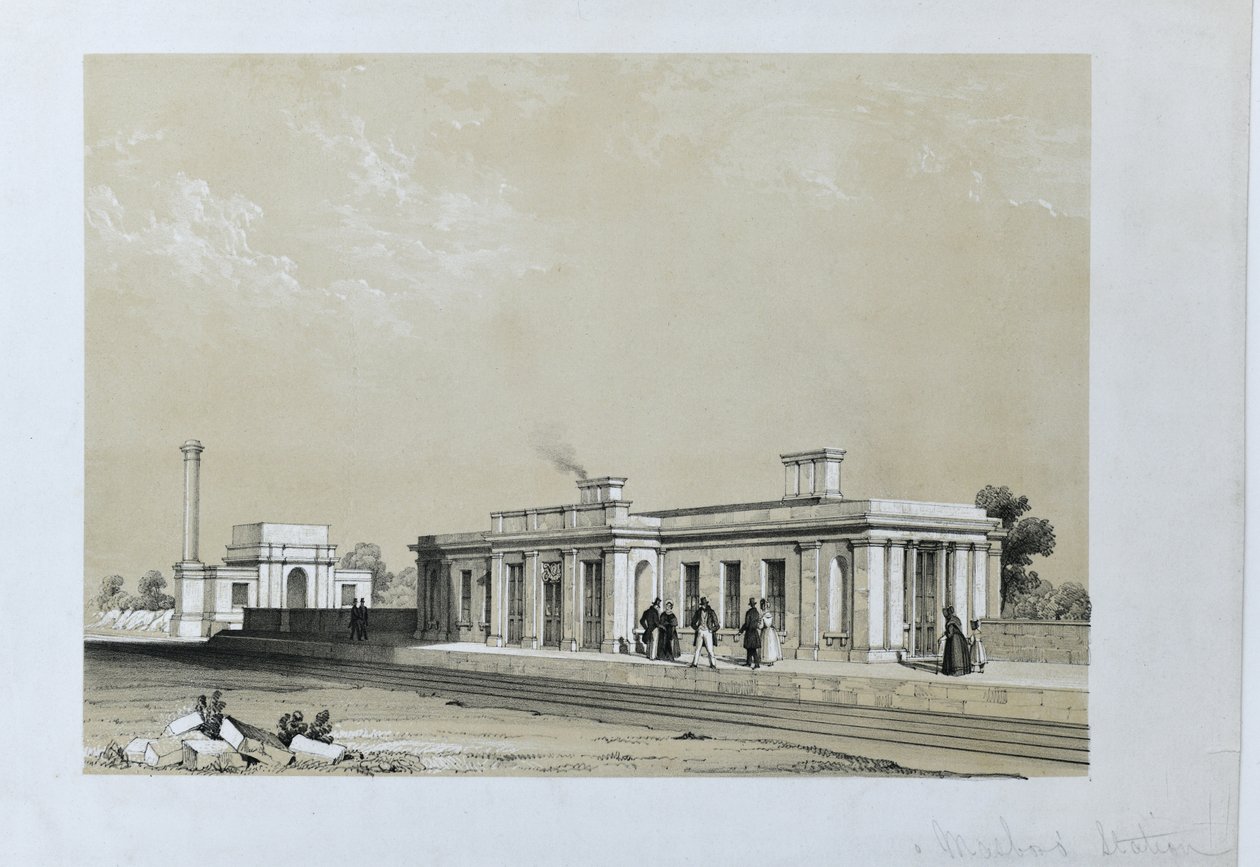 Stanice Masborough c1840 (tónovaná litografie na papíře) od Samuel Russell