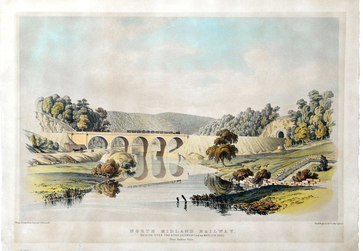 Železniční most North Midland přes řeku Derwent a Matlock Road poblíž Amber Gate. 1840 (ručně kolorovaná litografie na papíře) od Samuel Russell