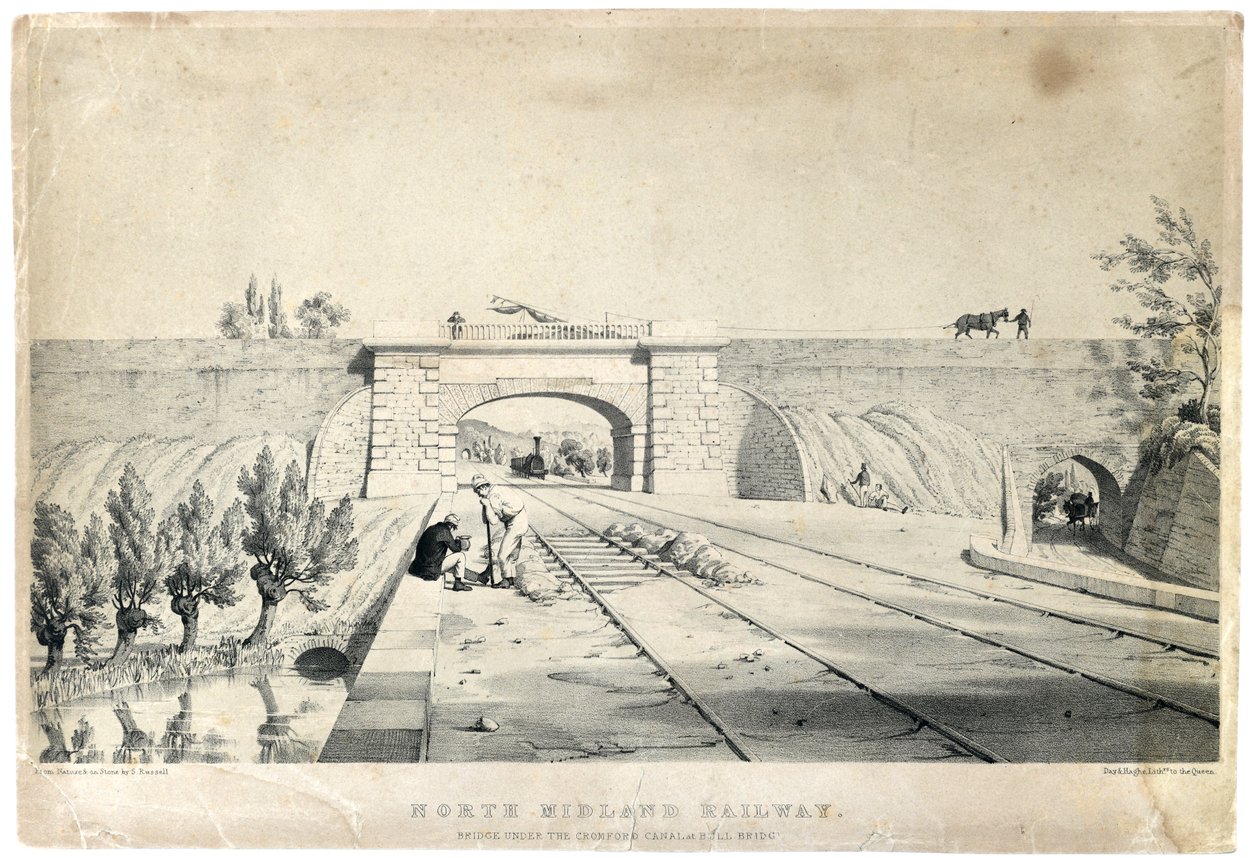 Železniční most North Midland pod Cromfordským kanálem u Bull Bridge, kolem roku 1840 (tónovaná litografie na papíře) od Samuel Russell