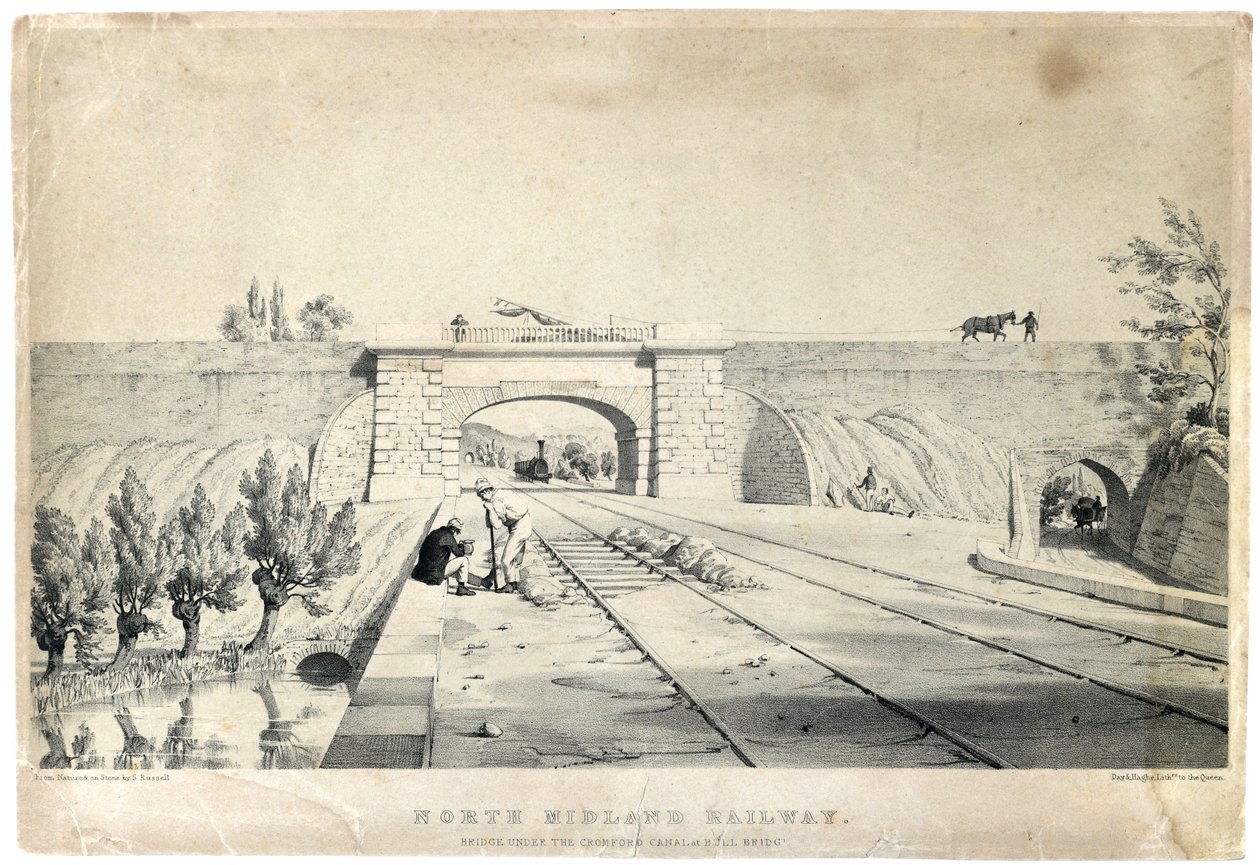 Železniční most North Midland pod Cromfordským kanálem u Bull Bridge c1840 (tónovaná litografie na papíře) od Samuel Russell