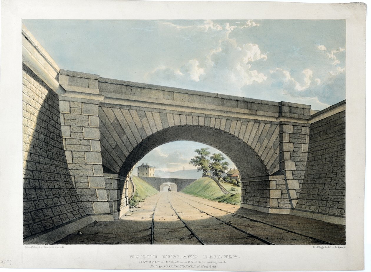 North Midland železnice. Pohled na New Street Bridge atd. v Belperu, při pohledu na jih, kolem roku 1840 (ručně kolorovaná litografie na papíře) od Samuel Russell