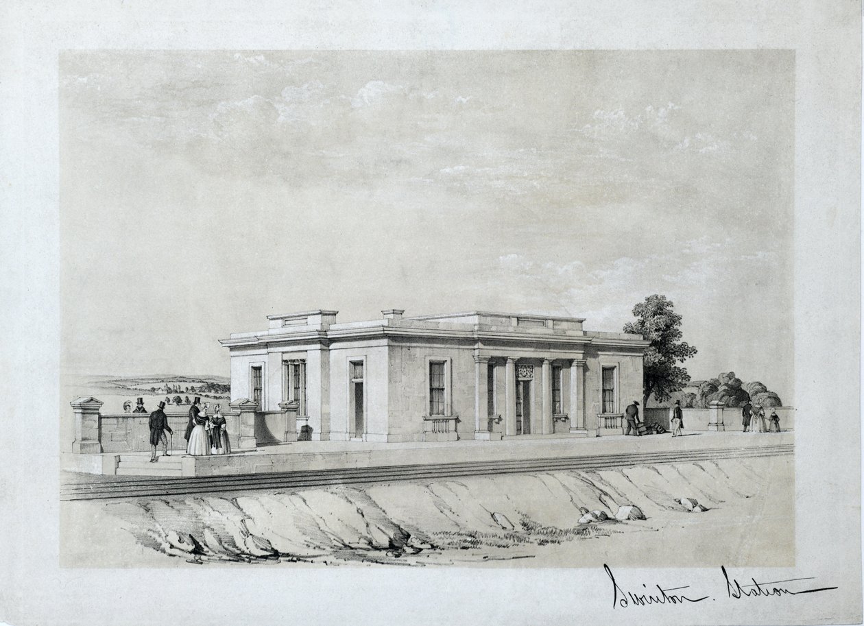 Swinton Station, c1840 (tónovaná litografie na papíře) od Samuel Russell